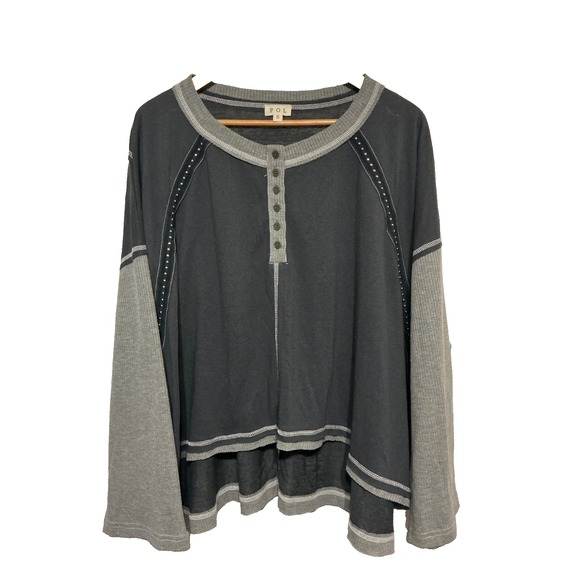 POL Tops - POL Oversized Top Size S Gray Grunge Boho Crochet Waffle Trim Boxy Slouchy Knit